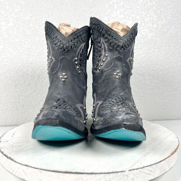 Lane COSSETTE Womens Cowboy Bootie 7 Western Cowgirl Short Boots Black Leather - Picture 5 of 11